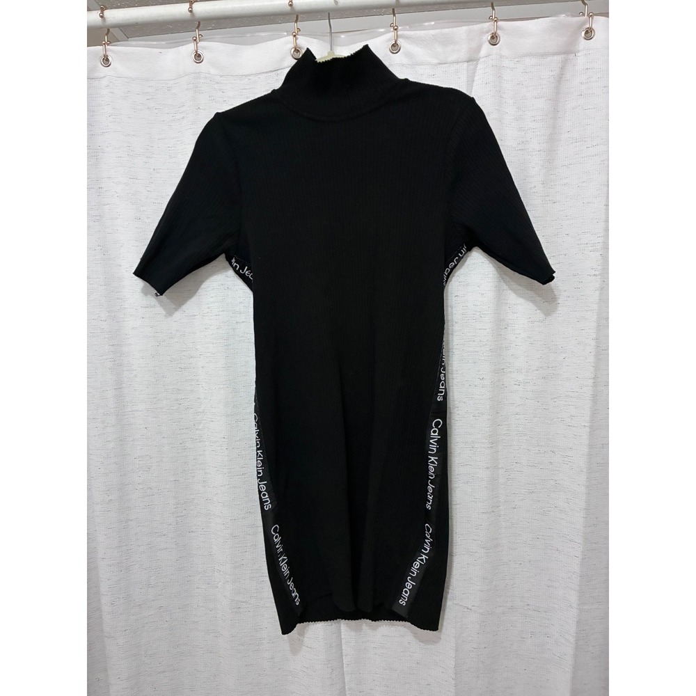 Calvin Klein Logo Black Ribbed Y2K Style Mock Neck Fitted Sexy Bodycon Dress XL